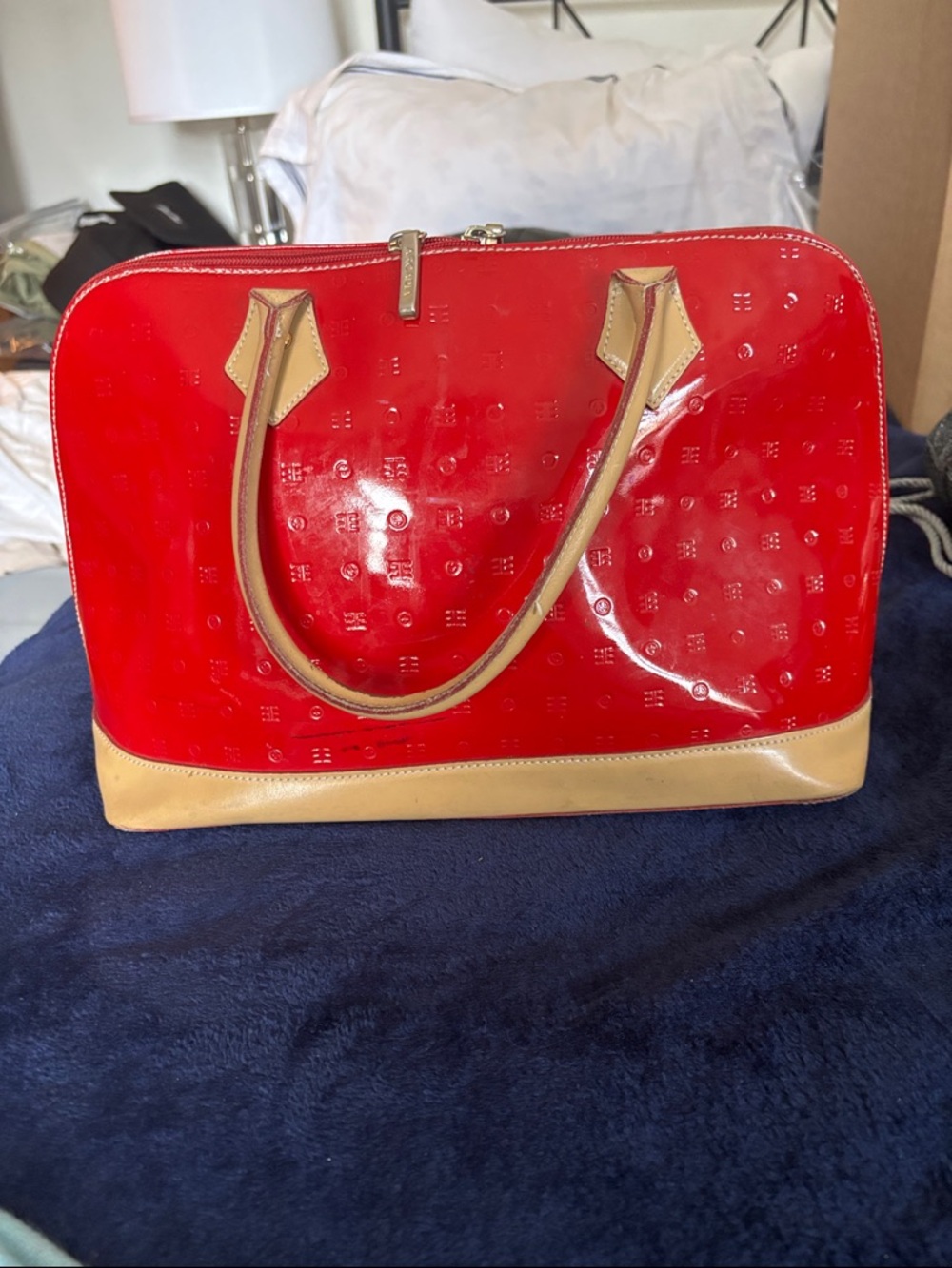 Arcadia Red Patent Satchel with Tan Trim
